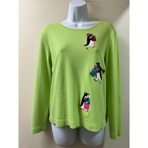 Marisa Christina Christmas Penguins Long Sleeve Tshirt Green Size S 100% Cotton